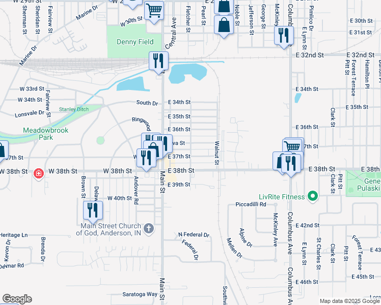 map of restaurants, bars, coffee shops, grocery stores, and more near 3705 Fletcher Street in Anderson