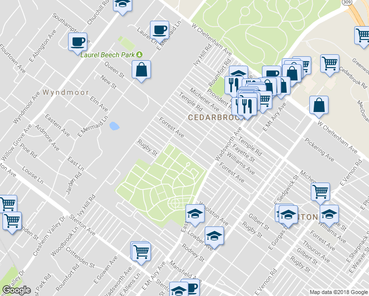 map of restaurants, bars, coffee shops, grocery stores, and more near 8525 Thouron Avenue in Philadelphia