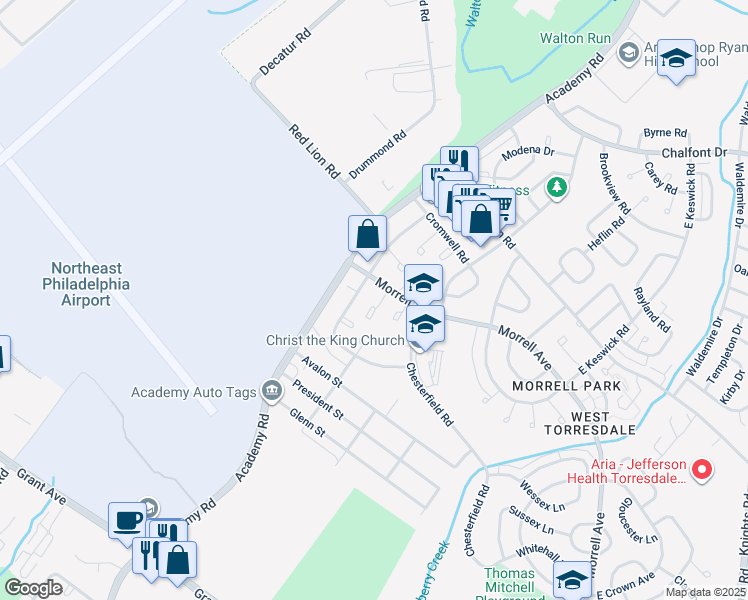 map of restaurants, bars, coffee shops, grocery stores, and more near 10032 Westbourne Place in Philadelphia
