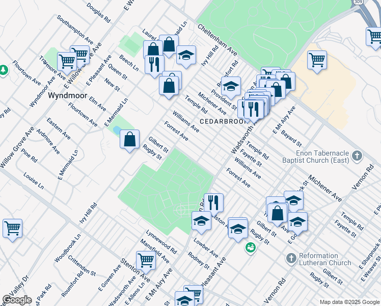 map of restaurants, bars, coffee shops, grocery stores, and more near 8525 Thouron Avenue in Philadelphia