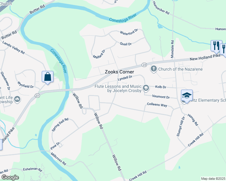 map of restaurants, bars, coffee shops, grocery stores, and more near 6 Fernbrook Circle in Lancaster