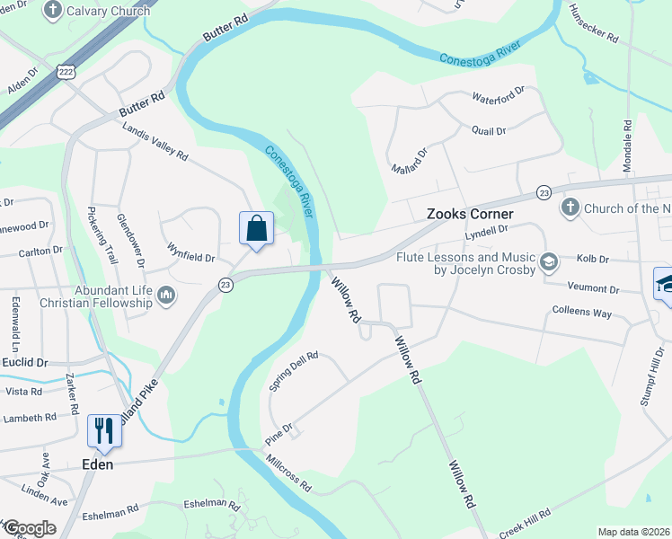 map of restaurants, bars, coffee shops, grocery stores, and more near 850 Willow Road in Lancaster