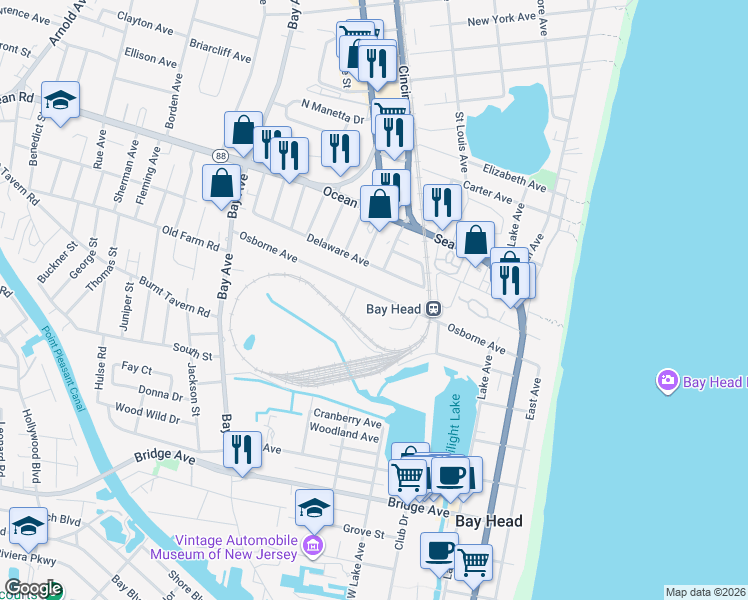 map of restaurants, bars, coffee shops, grocery stores, and more near 174 Twilight Road in Bay Head