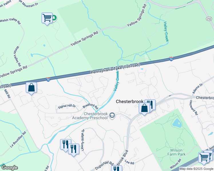 map of restaurants, bars, coffee shops, grocery stores, and more near 114 Valley Stream Lane in Chesterbrook