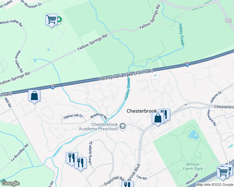 map of restaurants, bars, coffee shops, grocery stores, and more near 190 Valley Stream Lane in Wayne