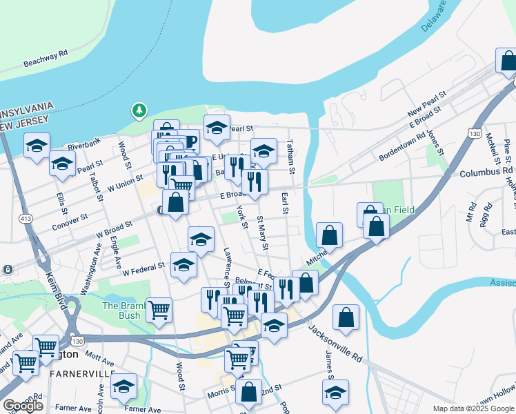 map of restaurants, bars, coffee shops, grocery stores, and more near 422 Saint Mary Street in Burlington