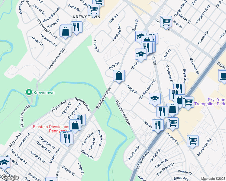 map of restaurants, bars, coffee shops, grocery stores, and more near 9044 Old Bustleton Avenue in Philadelphia