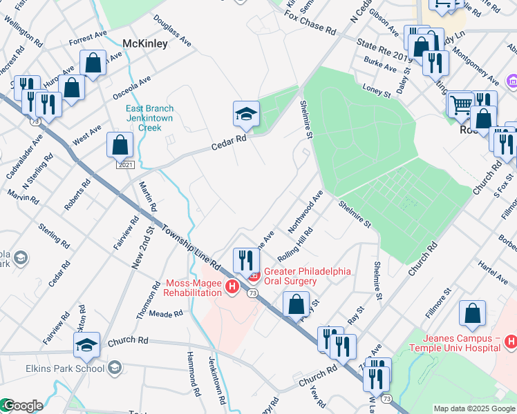 map of restaurants, bars, coffee shops, grocery stores, and more near 1107 Valley Glen Road in Montgomery County