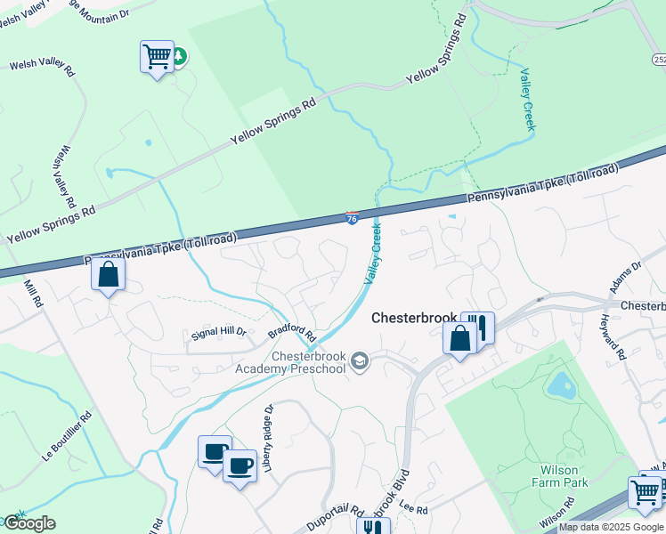 map of restaurants, bars, coffee shops, grocery stores, and more near Valley Stream Lane in Wayne