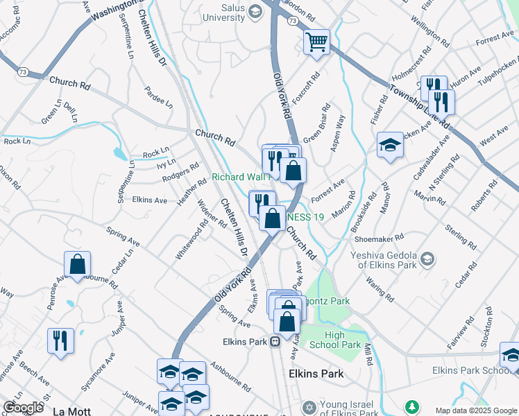 map of restaurants, bars, coffee shops, grocery stores, and more near 174-56 Old York Road in Elkins Park
