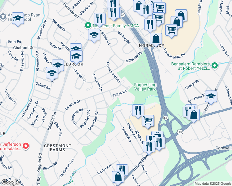 map of restaurants, bars, coffee shops, grocery stores, and more near 11708 Telfair Road in Philadelphia