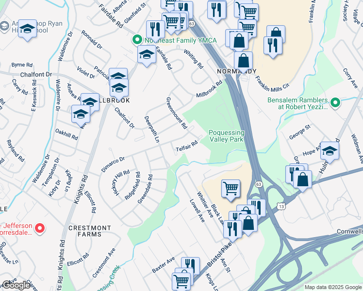 map of restaurants, bars, coffee shops, grocery stores, and more near 11708 Telfair Road in Philadelphia