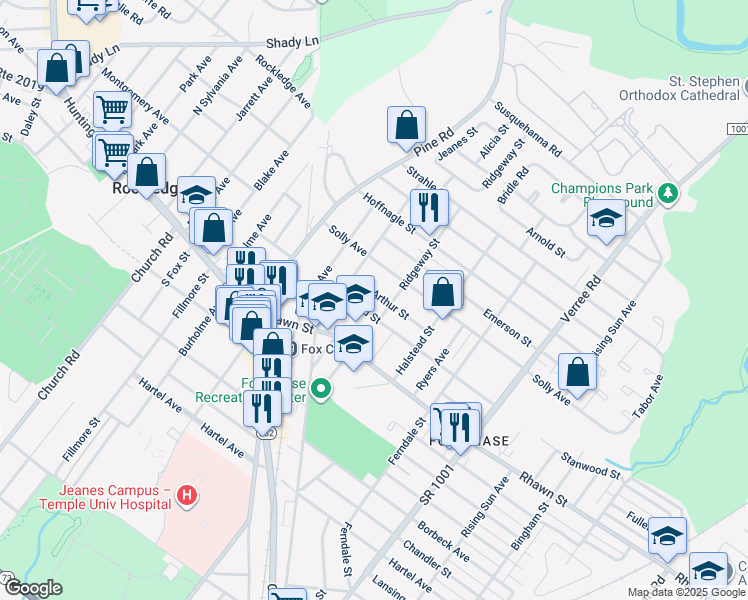 map of restaurants, bars, coffee shops, grocery stores, and more near 8115 Jeanes Street in Philadelphia