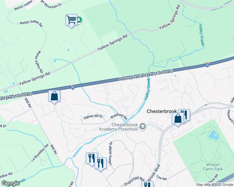 map of restaurants, bars, coffee shops, grocery stores, and more near 125 Valley Stream Lane in Chesterbrook