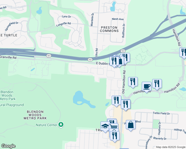map of restaurants, bars, coffee shops, grocery stores, and more near 5781 Albany Green in Westerville