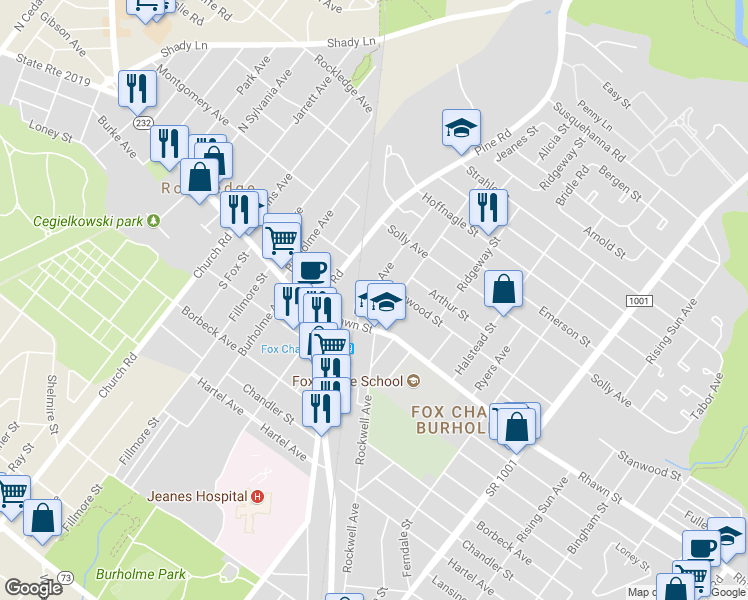 map of restaurants, bars, coffee shops, grocery stores, and more near 8021 Elberon Avenue in Philadelphia