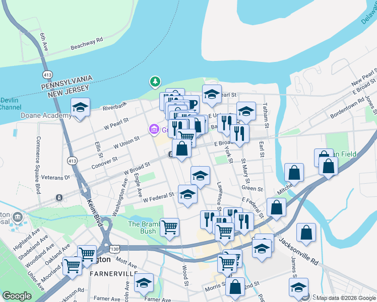 map of restaurants, bars, coffee shops, grocery stores, and more near 400 High Street in Burlington