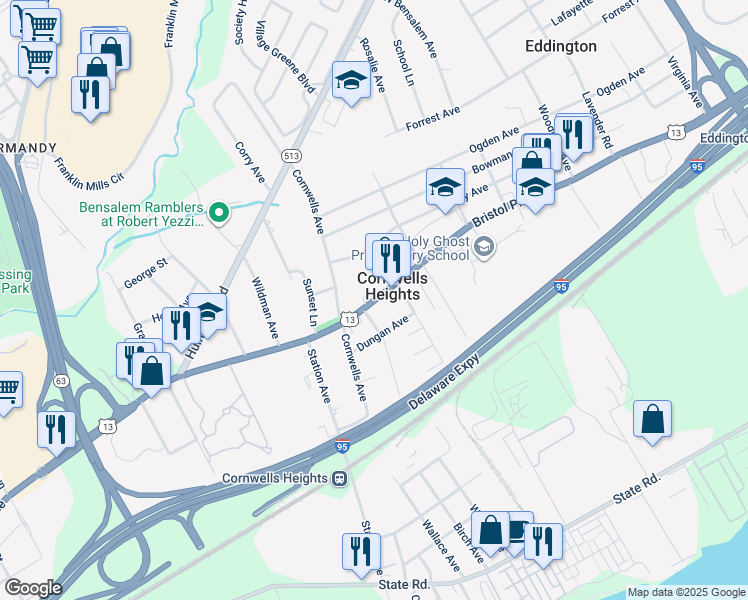 map of restaurants, bars, coffee shops, grocery stores, and more near 2218 Bristol Pike in Bensalem