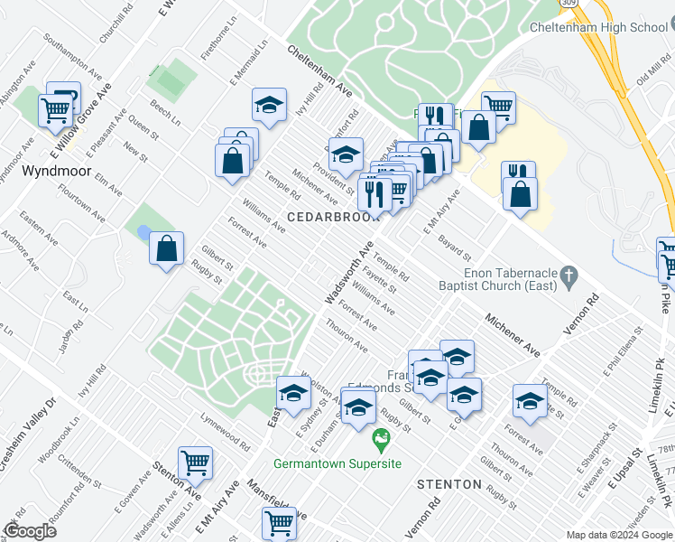 map of restaurants, bars, coffee shops, grocery stores, and more near 8412 Williams Avenue in Philadelphia