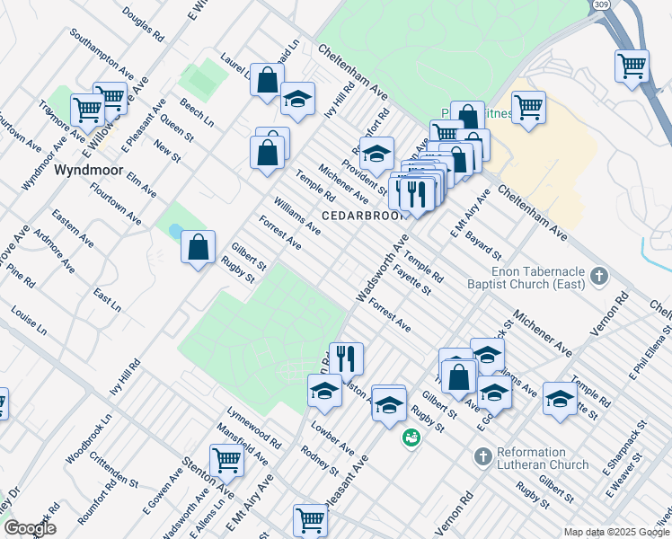 map of restaurants, bars, coffee shops, grocery stores, and more near 1334 East Gowen Avenue in Philadelphia