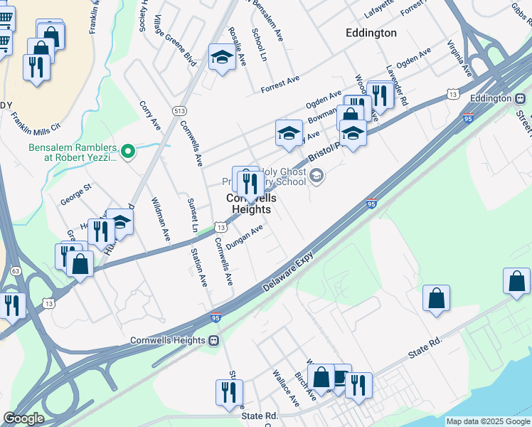 map of restaurants, bars, coffee shops, grocery stores, and more near 949 Williams Avenue in Cornwells Heights
