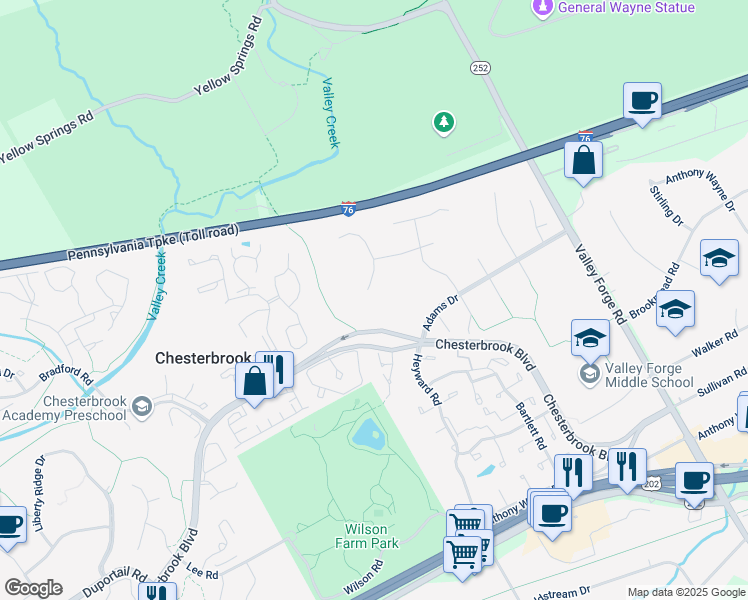 map of restaurants, bars, coffee shops, grocery stores, and more near in Chesterbrook