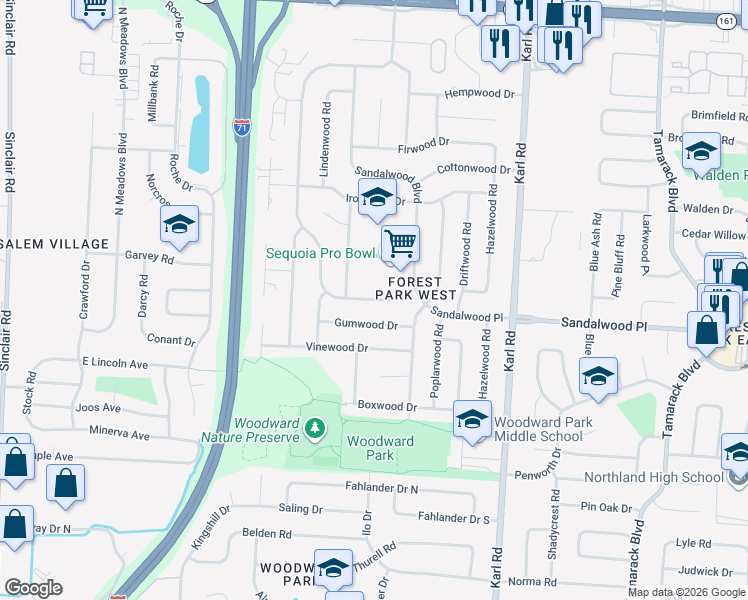map of restaurants, bars, coffee shops, grocery stores, and more near Yellowwood Dr in Columbus
