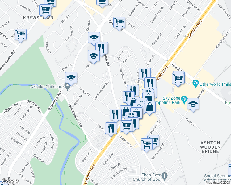 map of restaurants, bars, coffee shops, grocery stores, and more near 2089 Welsh Road in Philadelphia