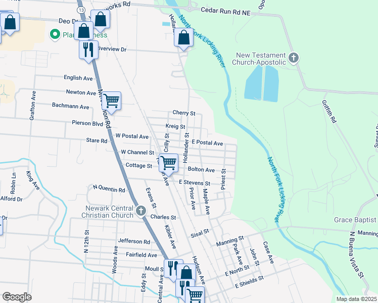 map of restaurants, bars, coffee shops, grocery stores, and more near 53 East Channel Street in Newark