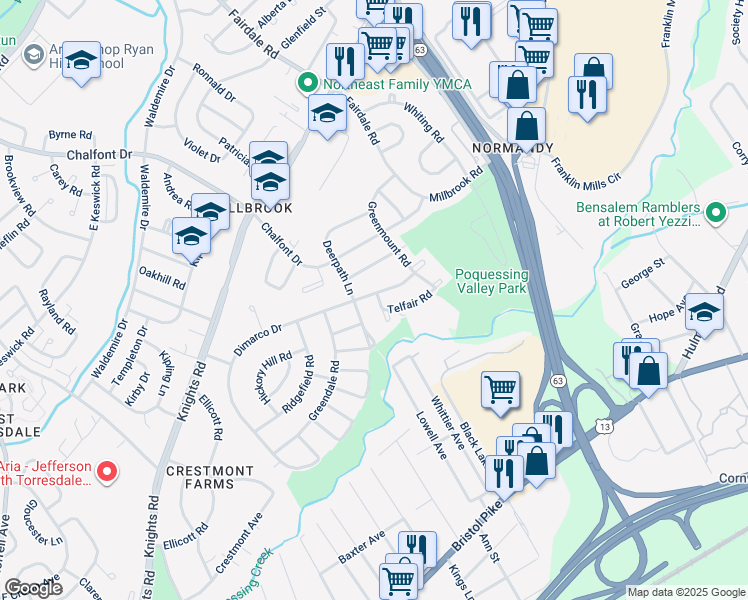 map of restaurants, bars, coffee shops, grocery stores, and more near 11719 Dimarco Drive in Philadelphia