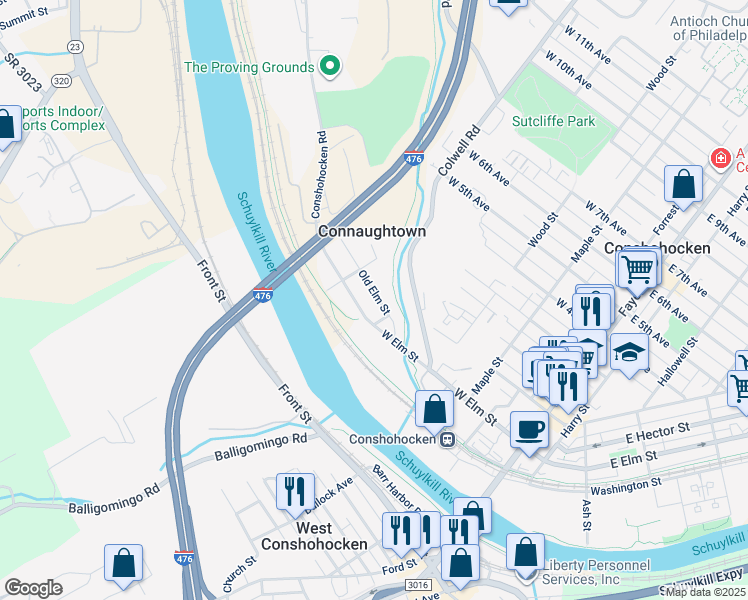 map of restaurants, bars, coffee shops, grocery stores, and more near 442 Old Elm Street in Conshohocken