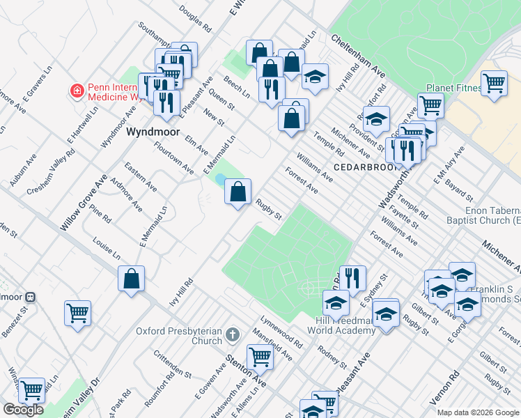 map of restaurants, bars, coffee shops, grocery stores, and more near 1100 Ivy Hill Road in Philadelphia