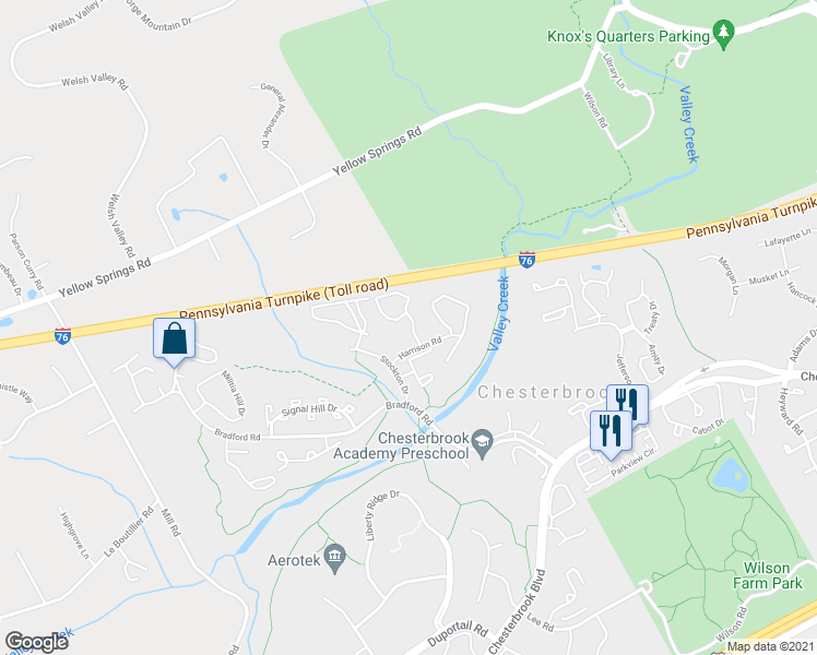 map of restaurants, bars, coffee shops, grocery stores, and more near 118 Valley Stream Circle in Chesterbrook