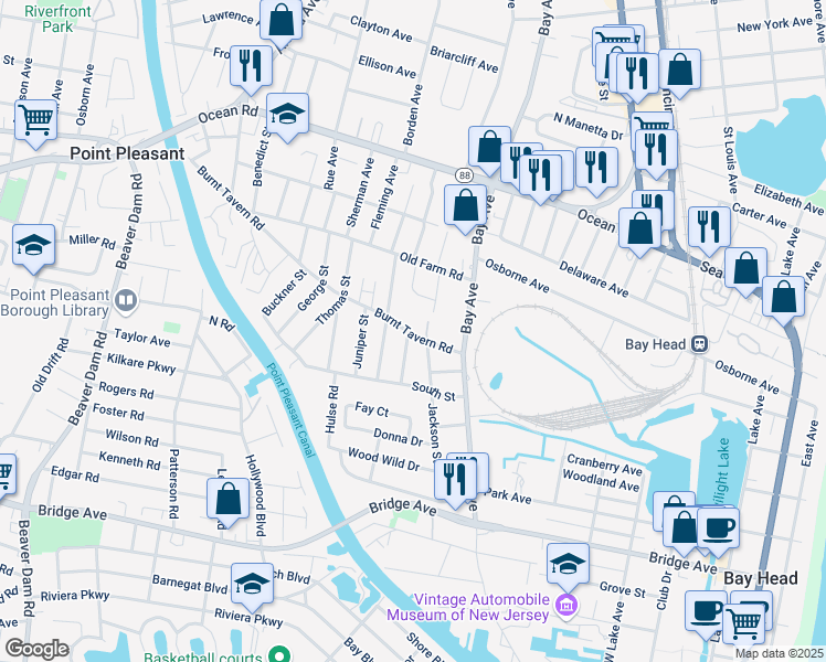 map of restaurants, bars, coffee shops, grocery stores, and more near 712 Burnt Tavern Road in Point Pleasant