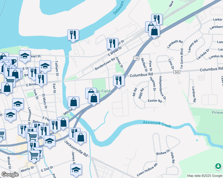 map of restaurants, bars, coffee shops, grocery stores, and more near 703 U.S. 130 in Burlington