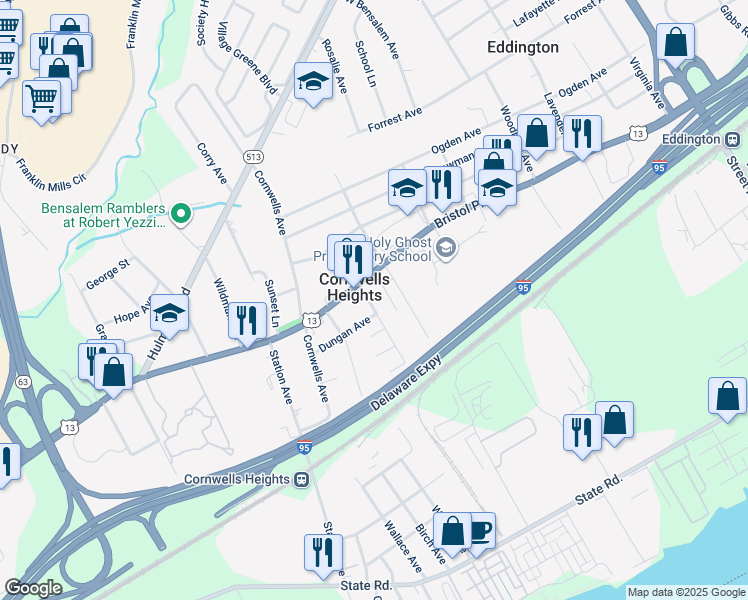 map of restaurants, bars, coffee shops, grocery stores, and more near 912 Williams Avenue in Bensalem