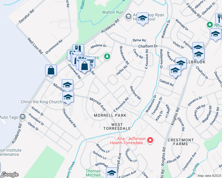 map of restaurants, bars, coffee shops, grocery stores, and more near 3373 Red Lion Road in Philadelphia