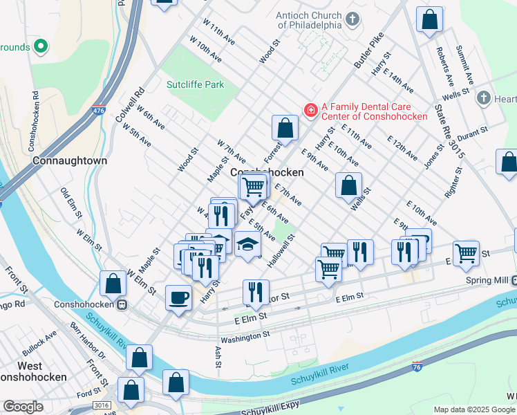map of restaurants, bars, coffee shops, grocery stores, and more near 501 Harry Street in Conshohocken