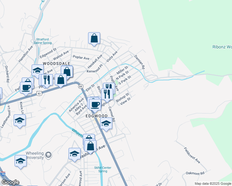 map of restaurants, bars, coffee shops, grocery stores, and more near 104 Edgington Lane in Wheeling
