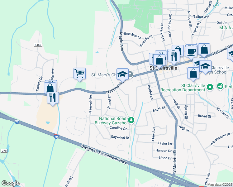 map of restaurants, bars, coffee shops, grocery stores, and more near 339 Johnet Drive in Saint Clairsville