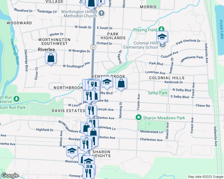map of restaurants, bars, coffee shops, grocery stores, and more near 91 East Selby Boulevard in Worthington