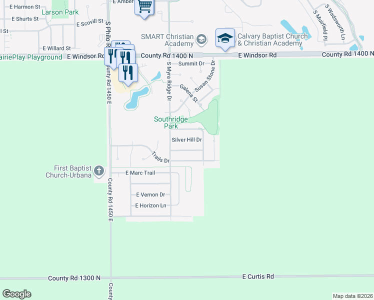map of restaurants, bars, coffee shops, grocery stores, and more near 1902 Trails Drive in Urbana