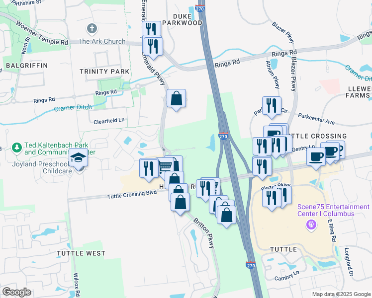 map of restaurants, bars, coffee shops, grocery stores, and more near 4675 Lakehurst Court in Dublin