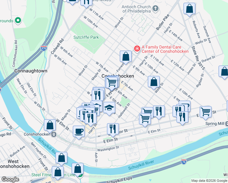 map of restaurants, bars, coffee shops, grocery stores, and more near 501 Harry Street in Conshohocken