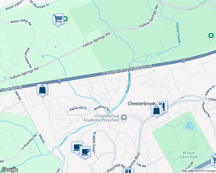 map of restaurants, bars, coffee shops, grocery stores, and more near 180 Valley Stream Circle in Chesterbrook
