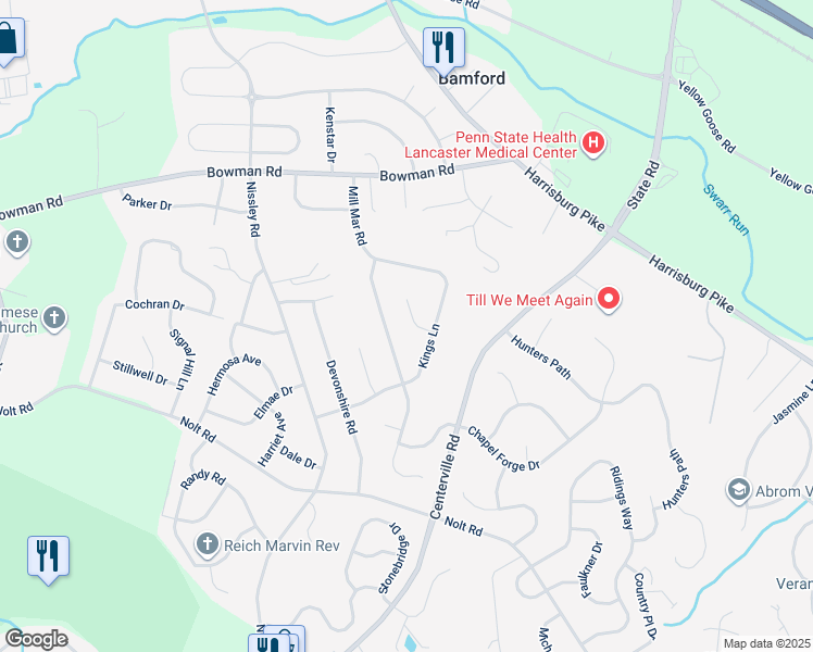 map of restaurants, bars, coffee shops, grocery stores, and more near 1108 Amy Lane in Lancaster