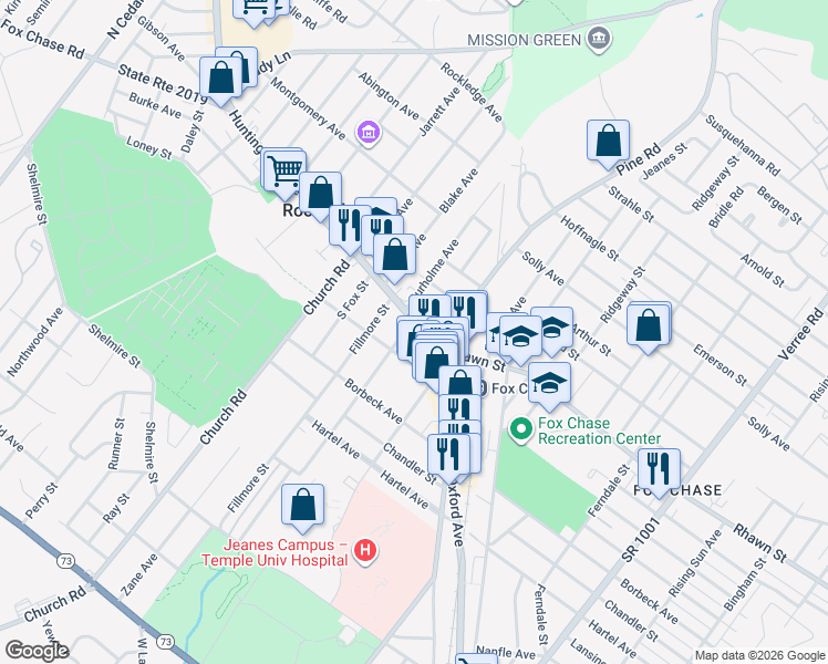 map of restaurants, bars, coffee shops, grocery stores, and more near 7980 Pennsylvania 232 in Philadelphia