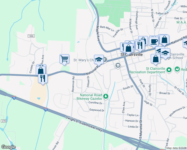 map of restaurants, bars, coffee shops, grocery stores, and more near 339 Johnet Drive in Saint Clairsville