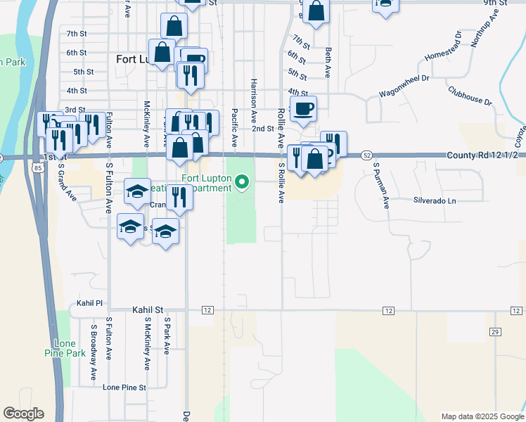 map of restaurants, bars, coffee shops, grocery stores, and more near 203 South Rollie Avenue in Fort Lupton