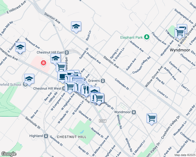 map of restaurants, bars, coffee shops, grocery stores, and more near 303 East Gravers Lane in Philadelphia
